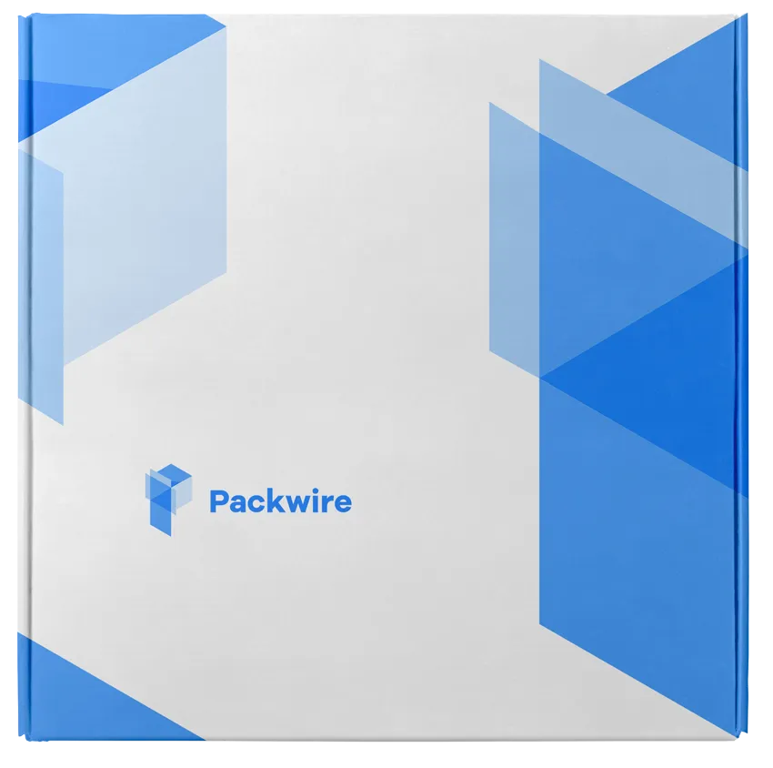 White and blue custom mailer box with Packwire Logo