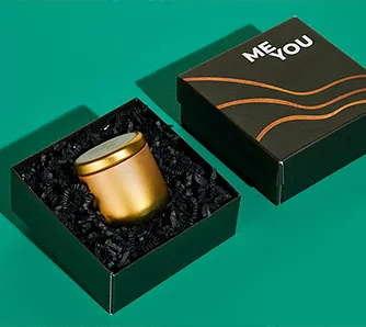 Custom rigid candle box with black crinkle paper and branded lid